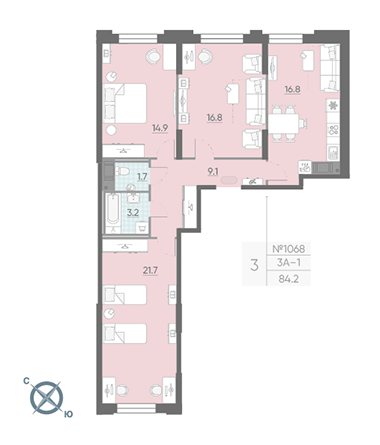 Трёхкомнатная квартира 84.2 м²