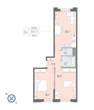 Двухкомнатная квартира 63.5 м²