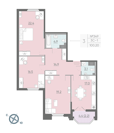 Трёхкомнатная квартира 99 м²