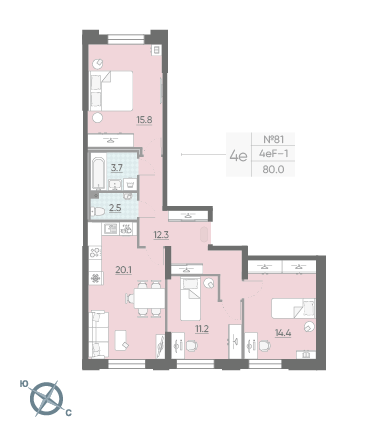 Трёхкомнатная квартира 80 м²