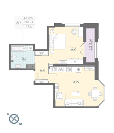 Однокомнатная квартира 47.4 м²