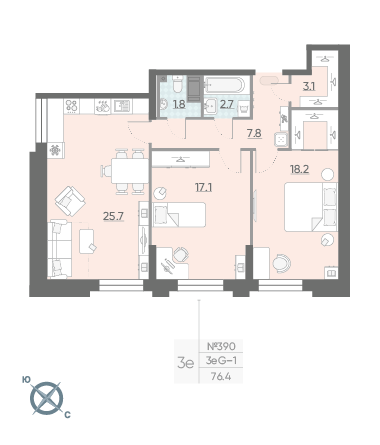 Двухкомнатная квартира 76.4 м²