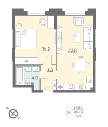 Однокомнатная квартира 46.9 м²