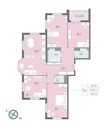 Четырёхкомнатная квартира 120.5 м²