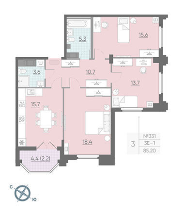 Трёхкомнатная квартира 84.8 м²