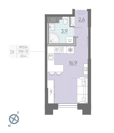 Студия 23.4 м²
