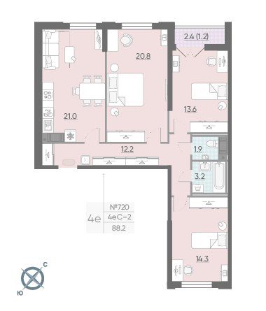 Трёхкомнатная квартира 88.2 м²
