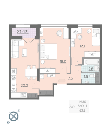 Двухкомнатная квартира 63.5 м²
