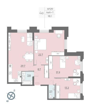 Трёхкомнатная квартира 98.1 м²