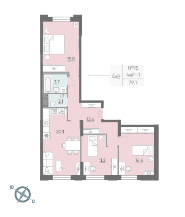 Трёхкомнатная квартира 79.7 м²