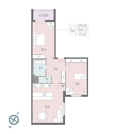 Двухкомнатная квартира 91 м²