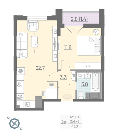 Однокомнатная квартира 43 м²