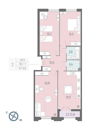 Трёхкомнатная квартира 98.5 м²