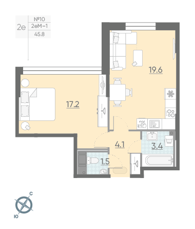 Однокомнатная квартира 45.8 м²