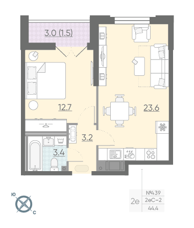Однокомнатная квартира 44.4 м²