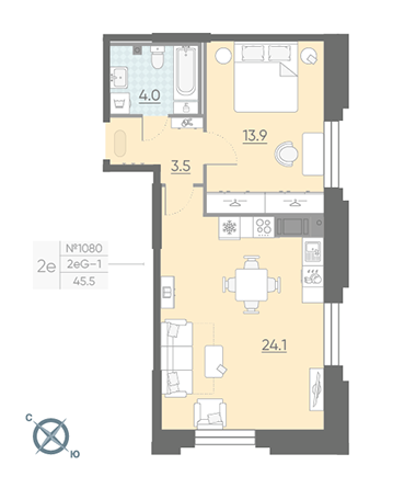 Однокомнатная квартира 45.5 м²