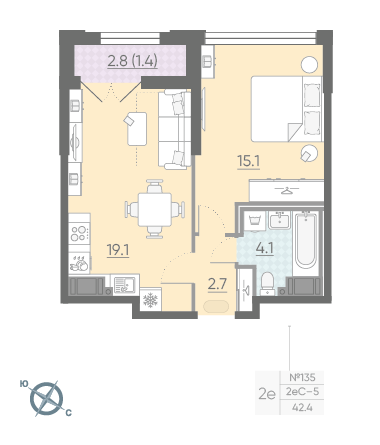 Однокомнатная квартира 42.4 м²