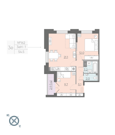 Двухкомнатная квартира 54.5 м²