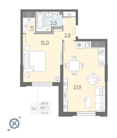 Однокомнатная квартира 44.6 м²
