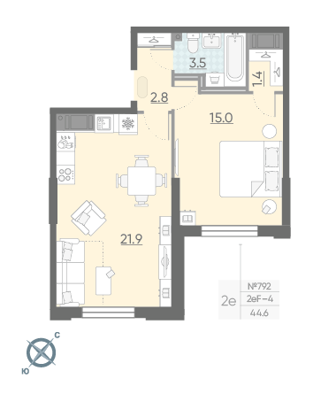 Однокомнатная квартира 44.6 м²