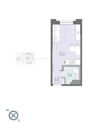 Студия 22.8 м²