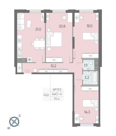 Трёхкомнатная квартира 91.4 м²
