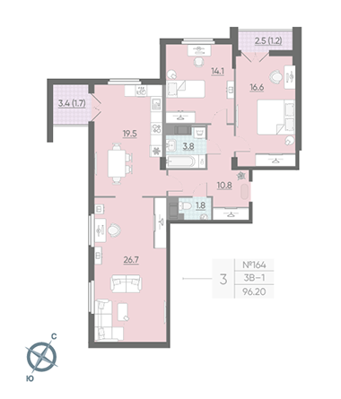 Трёхкомнатная квартира 96.6 м²