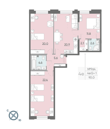 Трёхкомнатная квартира 90 м²