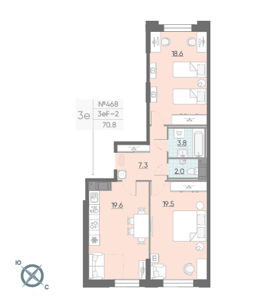 Двухкомнатная квартира 70.8 м²