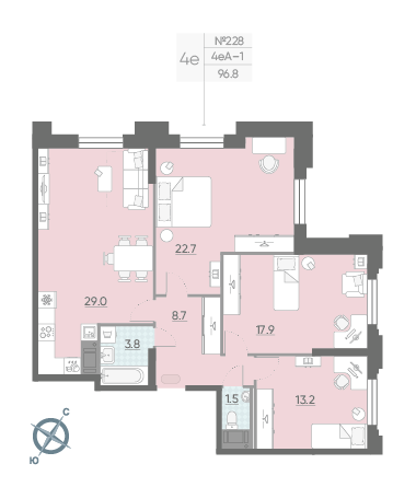 Трёхкомнатная квартира 96.8 м²