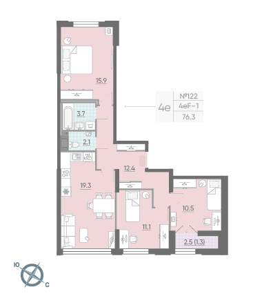 Трёхкомнатная квартира 76.3 м²