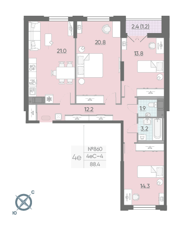 Трёхкомнатная квартира 88.4 м²