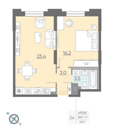 Однокомнатная квартира 46.1 м²
