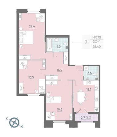 Трёхкомнатная квартира 97.9 м²