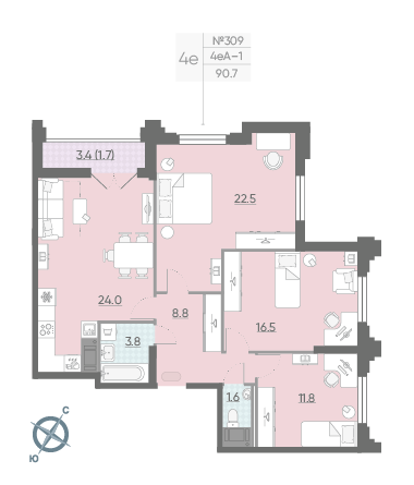 Трёхкомнатная квартира 90.7 м²
