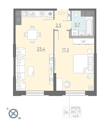 Однокомнатная квартира 46.8 м²