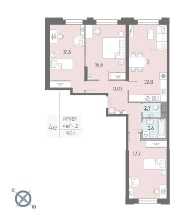 Трёхкомнатная квартира 90.1 м²