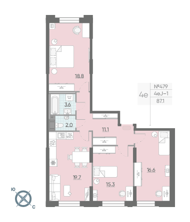 Трёхкомнатная квартира 87.1 м²