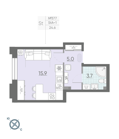 Студия 24.6 м²