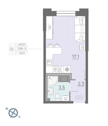 Студия 22.9 м²