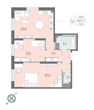 Двухкомнатная квартира 73.9 м²