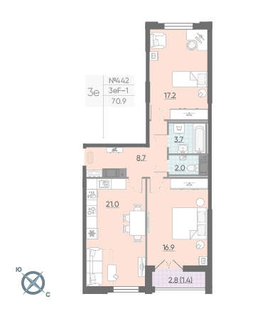 Двухкомнатная квартира 70.9 м²