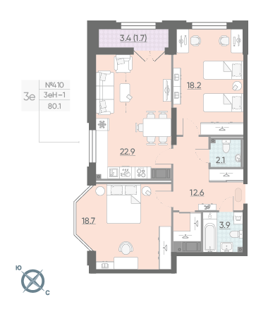 Двухкомнатная квартира 80.1 м²
