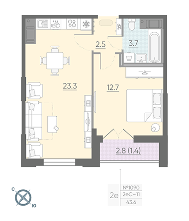 Однокомнатная квартира 43.6 м²