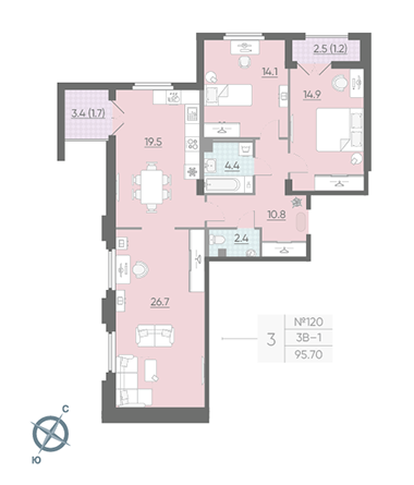 Трёхкомнатная квартира 94.9 м²