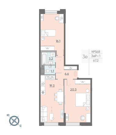 Двухкомнатная квартира 67.2 м²