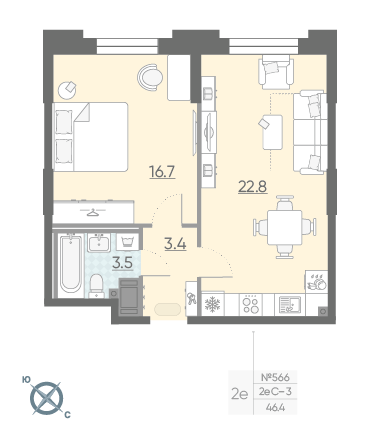Однокомнатная квартира 46.4 м²